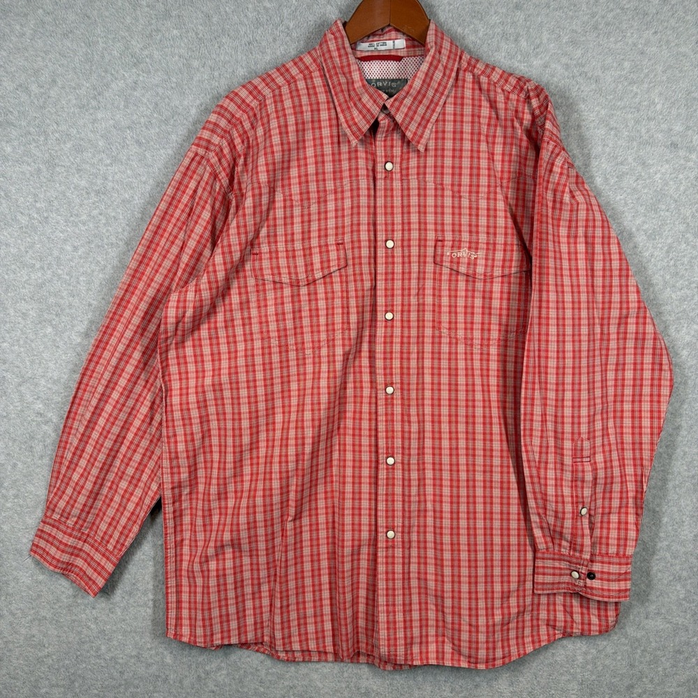Orvis Trout Bum Mens XL Red Plaid Vented Fishing Shirt Pearl Snap Cotton L/S